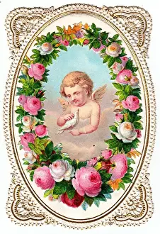 Rosebuds Prints: Cherub with dove and pink roses on a greetings card
