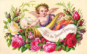 Creamy Prints: Cherub with pink roses on a Christmas card