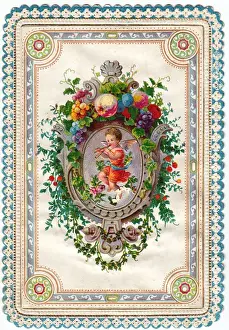 Cherub playing a pipe on a greetings card