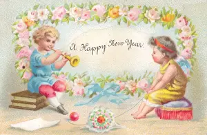 Two cherubs with flowers on a New Year card