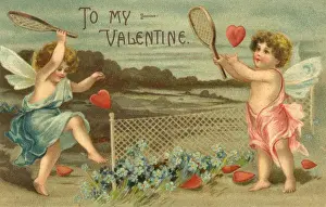 Cherub Prints: Two cherubs playing tennis with love hearts