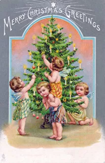 Candles Gallery: Cherubs with tree on a Christmas postcard