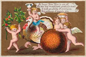 Pies Prints: Cherubs with turkey and pudding on a New Year card