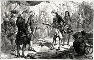 Images Dated 17th August 2021: The Chevalier de Saint-George of the ship Invincible surrenders his sword to Admiral
