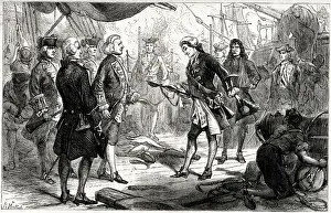 Chevalier Prints: The Chevalier de Saint-George of the ship Invincible surrenders his sword to Admiral