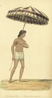 Handcoloredcopperplate Prints: Chhata wala or umbrella carrier