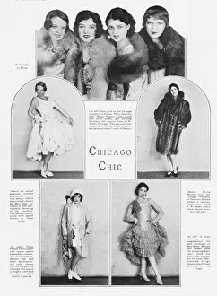 Chicago Chic, fashion statements from 1929. Four girls from the Chicago Company of Follow Thru (top) with Dorothy Daw, Nayan Pearce, Lilian Bind and Olive Olsen. All wearing luxurious fox fur scarves from A.W. Miller, Chicago. Dorothy Daw (centre left). Rosita Moreno (centre right) from the Chicago company Pleasure Bound. Nayan Pearce (bottom left) in Follow Thru. Lilian Bond (bottom right) in a beige lace dance frock. Date: 1929 Chicago Chic, fashion statements from 1929