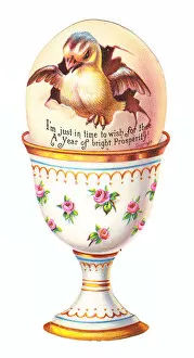 Eggshell Gallery: Chick in an eggcup on a cutout New Year card