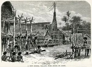 Guinea Prints: Chiefs house, village in Papua New Guinea