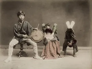 Child acrobats, drummer, street entertainers, Japan