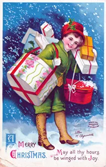 Parcels Collection: Child carrying presents on a Christmas postcard