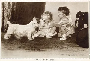 Blampied Prints: A child is playing with a dog who is with a little girl. Date: 1933