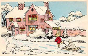 Child pulling a younger child on a sledge towards a big house in the snow Child pulling a younger child on a sledge towards a big house in the snow