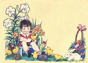 Child surrounded by flowers, chicks and Easter eggs
