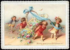 Children with a basket of flowers on a Christmas card