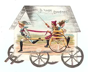 Children on a bathing hut-shaped Christmas card