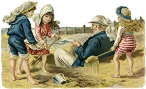 Grandfather Gallery: Children on beach bury grandpa in the sand
