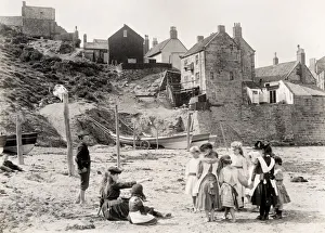 Tourist Prints: Children on the beach, Robin Hoods Bay, Yorkshire