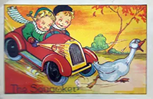 Children in car chasing goose on an audible greetings card