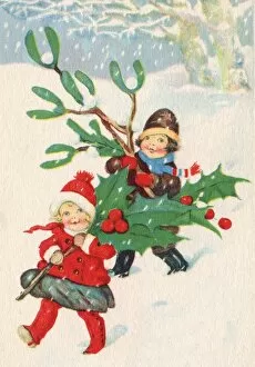 Images Dated 29th March 2012: Children carrying holly and mistletoe