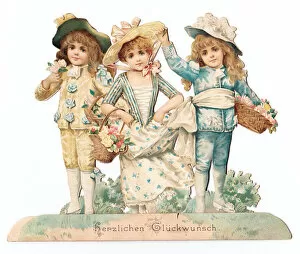 Images Dated 5th July 2018: Three children on a cutout German greetings card