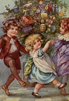 Leonora Prints: Three children dance round a Christmas tree