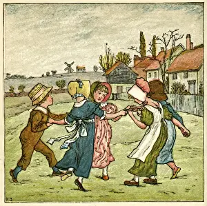 Wind Mill Prints: Children dancing in a ring on village green