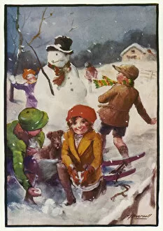 Dusk Collection: Four children and dog building a snowman