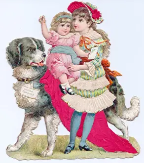 Congratulations Prints: Children and dog on a cutout German greetings card