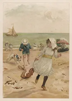 Sheltering Prints: Children and Dog Onbeach