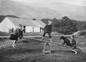 Twentieth Prints: Children and a dog play on a seesaw