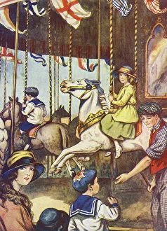 Fairground Prints: Children on a fairground carousel