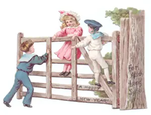 Fretwork Prints: Children on a fence on a cutout New Year card