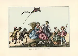 Kite Prints: Children flying a kite and playing with a hoop, 18th century