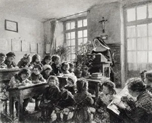 Classroom Prints: Children in a French convent school, being taught by a nun. Date: 1886