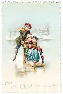 Sledding Prints: Children on a frozen pond on a Christmas card