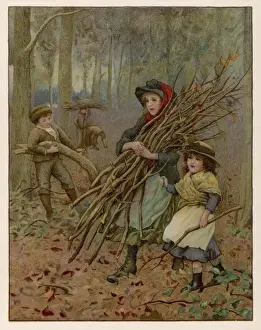 Fire Wood Prints: Children Gather Wood 19C
