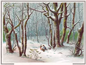 Firewood Prints: Two children gathering firewood on a Christmas card