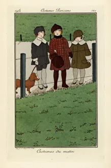 Images Dated 9th April 2019: Children in hats and coats with a dog