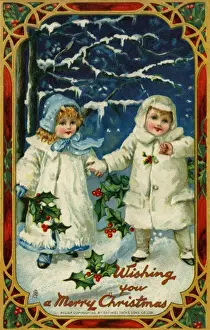 Children hold hands in the snow