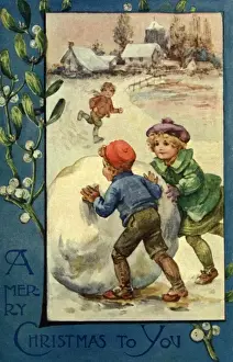 Leonora Prints: Children with a huge snowball at Christmas