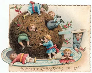 Children with large pudding on a Christmas card