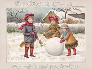 Roll Prints: Three children with a large snowball on a Christmas card