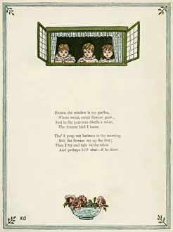 Three children looking out of a window