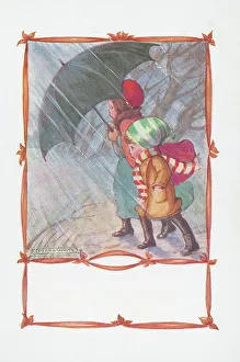Children - November. Winter, walking through rain