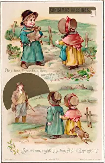Escaping Prints: Children with nursery rhyme scenes on a Christmas card