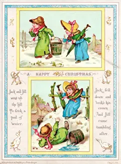Children with nursery rhyme scenes on a Christmas card