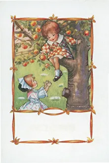 Children - October. Summer, climbing in an apple tree