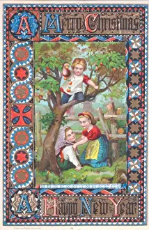 Three children in an orchard on a Christmas card