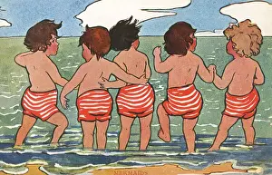 Backs Prints: Children paddling and looking out to sea